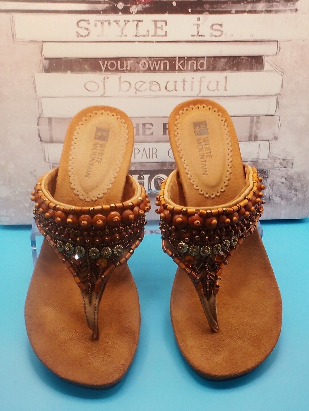White Mountain Beaded Boho Thong Wedge Sandals Brown Size 6